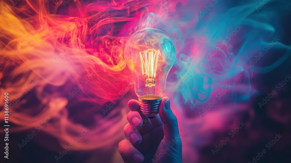Aufkleber hand holds glowing lightbulb with smoke on colorful abstract background.