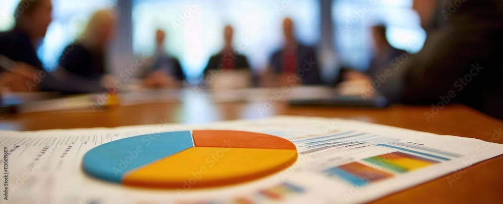 Aufkleber pie chart with blurred meeting background.