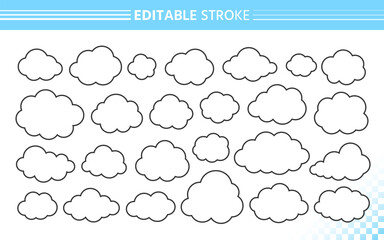Fluffy clouds outline set. Simple hand drawn cloud shapes with editable black line stroke and white fill. Cartoon doodle airy design, minimalistic contour bubble, linear rounded and soft silhouettes