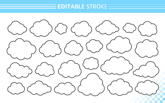 Fluffy clouds outline set. Simple hand drawn cloud shapes with editable black line stroke and white fill. Cartoon doodle airy design, minimalistic contour bubble, linear rounded and soft silhouettes