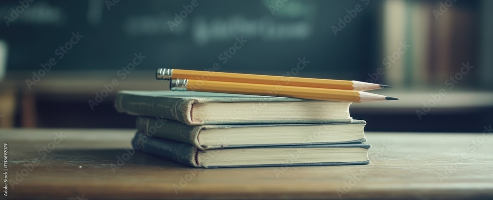 Poster stacked books and two pencils on desk in classroom with chalkboard background.