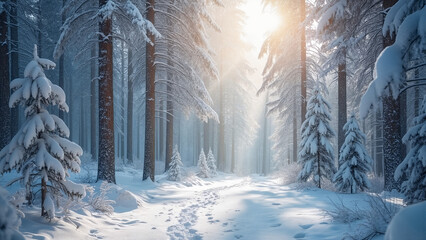 Serene Snow-Covered Forests: A Winter Wonderland of Frosted Trees, Sunlit Paths, and Pristine Beauty