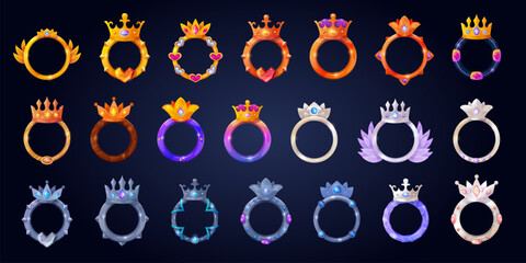 Game crown frames. Golden silver or platinum bronze frame with crowns, user avatar royal borders level rank badges ui fantasy gaming assets, cartoon set swanky vector illustration