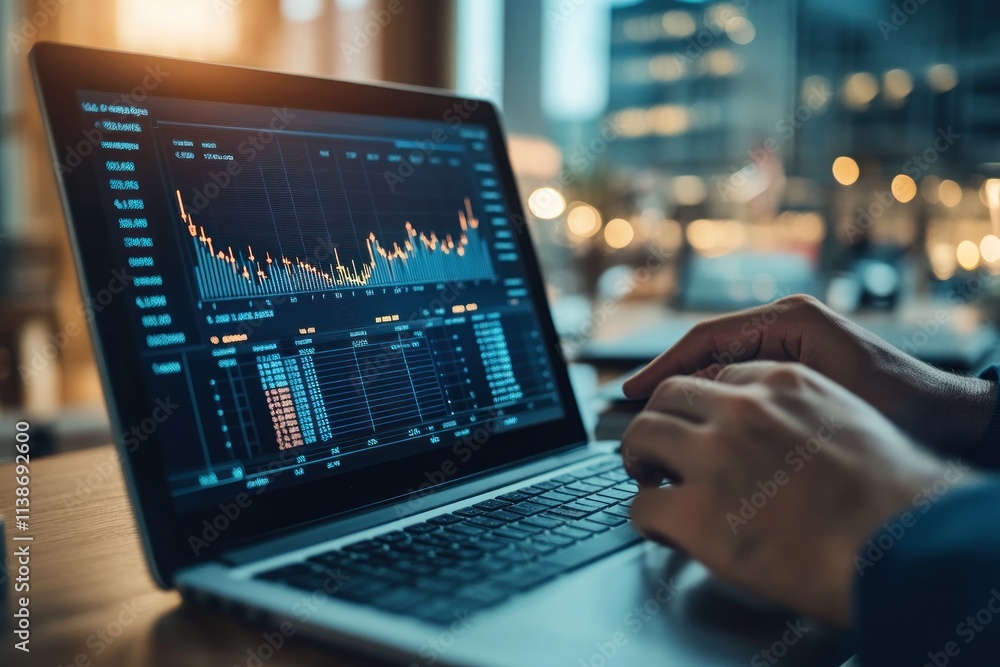 Poster laptop display with stock chart, hands typing, city view bokeh.
