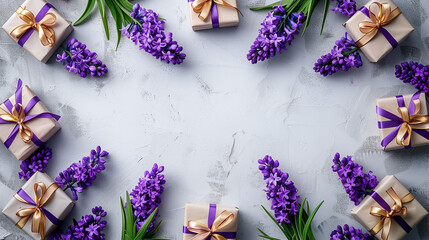 Lilac flowers and gift boxes border, perfect for celebration and invitations