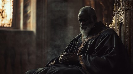 Naklejka premium A somber and regal African-American man with white beard sits on ornate chair in darkly lit room.