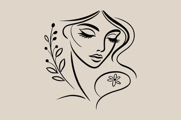  Minimalist line art portrait of a woman with flowers in black ink, logo, print, icon