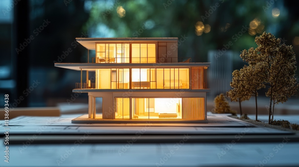 Aufkleber lit miniature modern house model with architectural blueprints on the table.