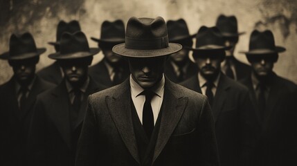 A group of men dressed in dark suits and fedoras stand in a line behind a single figure who wears a suit that is darker than theirs.