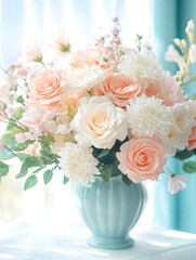 Elegant Floral Arrangement with Soft Pastel Roses and Chrysanthemums