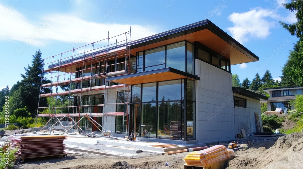 Poster modern house under construction with scaffolding and large windows. (1)
