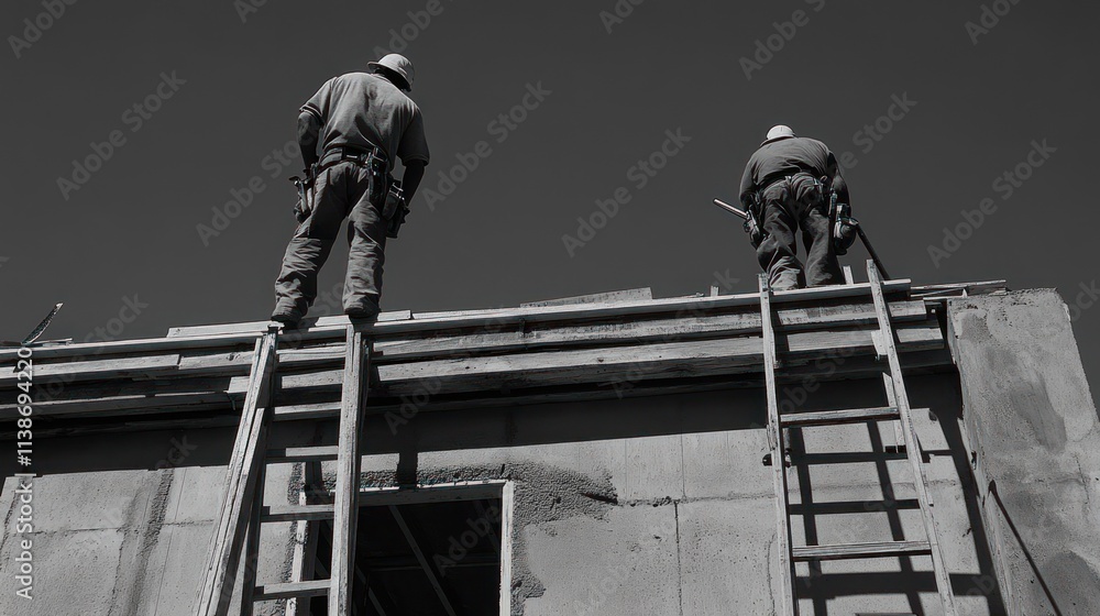 Poster two workers climb ladders on a building under a clear sky.