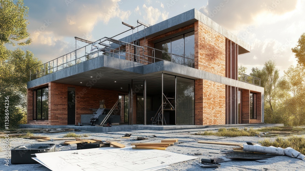 Poster building construction of modern house in progress.