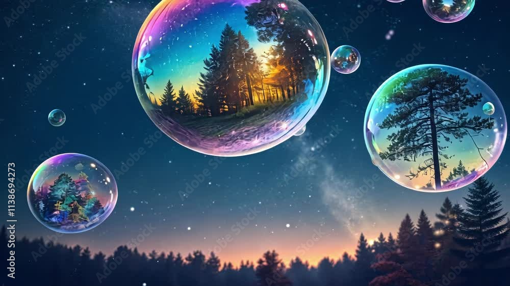 Poster floating memory orbs a surreal scene featuring luminous orbs drifting through a starry digital expan