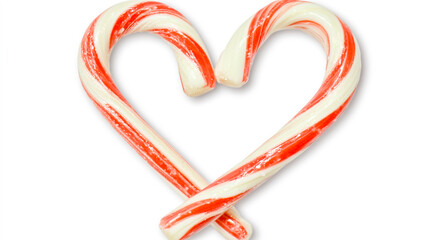 Two red and white striped candy canes crossed in a heart shape, symbolizing love, joy, and festive holiday spirit