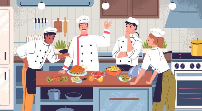 Cooking master class. Culinary workshop, professional chief cook teaching prepare food dishes chef showing lesson kitchen school classes, cookery course classy vector illustration