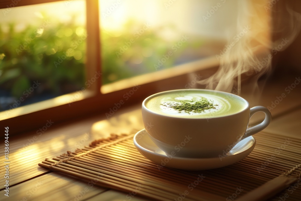 Poster Steaming matcha latte by window at dawn.