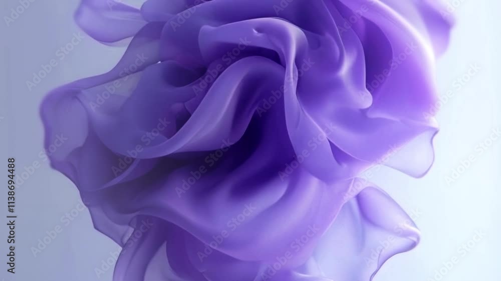 Poster Three-dimensional abstract animation with soft, undulating shapes of flying translucent fabric in shades of purple and lavender. Contemporary style with dynamic motion
