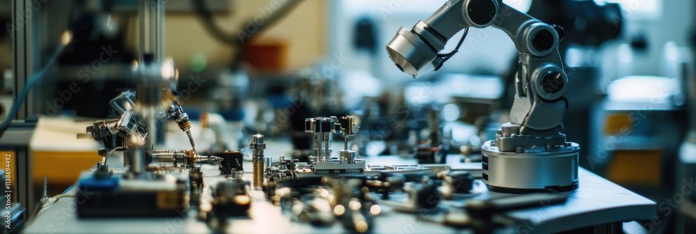 Aufkleber robotic arm and assembly line in manufacturing.