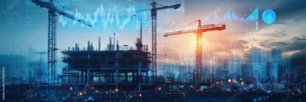 Aufkleber cranes at construction site with data visualization overlay.