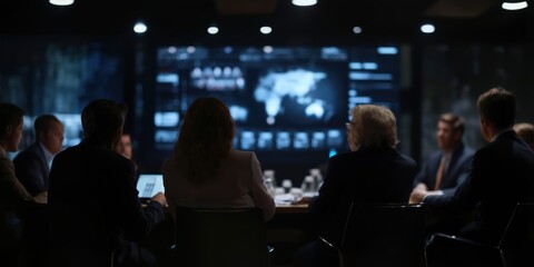 A group of professionals in a meeting room, reviewing a large screen with data visuals and world maps.