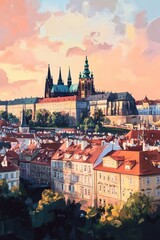 Obraz premium Historic View of Prague Czech Republic with Red Rooftops and Baroque Architecture Under a Colorful Sky