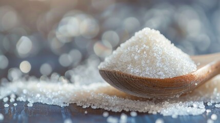 Coarse sea salt in a wooden spoon with rustic background