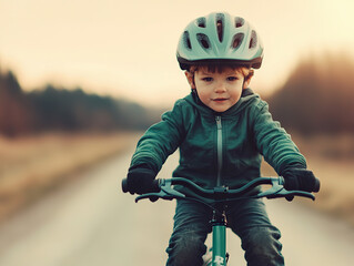 Naklejka premium young child riding bike on rural path, wearing helmet and showing determination