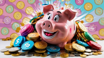 Joyful piggy bank surrounded by colorful coins symbolizes wealth and savings in a vibrant setting