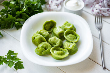 Delicious lunch: Green dumplings with meat. Dumplings with spinach in a white plate on a white table. Close-up