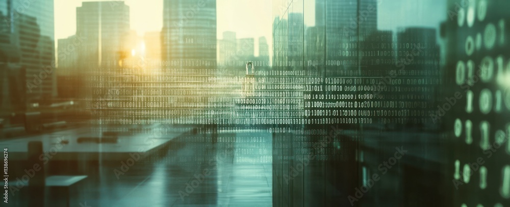 Poster City buildings behind digital binary code layer.