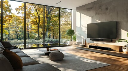 Modern living room with large windows, showcasing autumn foliage and a home theater setup.