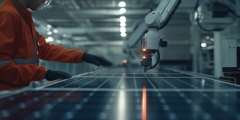 Fototapeta premium In a high-tech factory, a robotic system automates the precise assembly of solar panels under soft lighting.