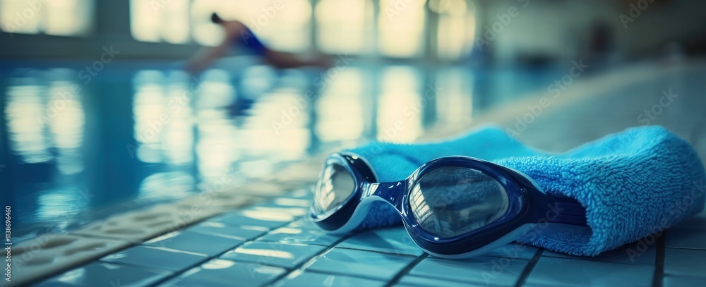 Poster Goggles and towel at poolside; swimmer in blurry background.