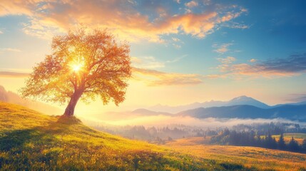 A serene landscape featuring a tree at sunrise with vibrant colors.