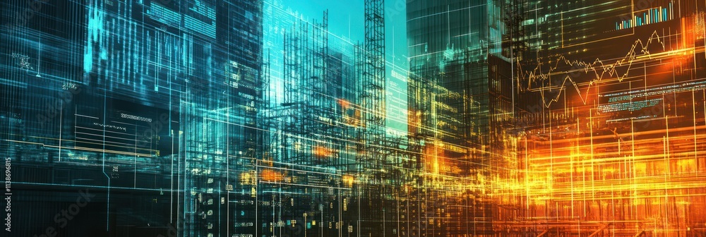 Aufkleber abstract tech city with data and charts overlayed, divided by two colors.