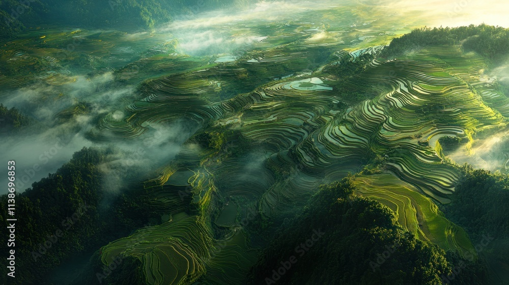 Poster terraced rice fields on hills with low clouds.