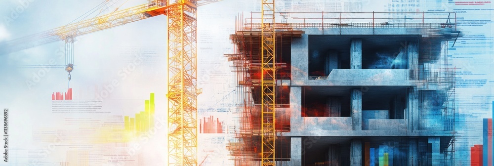 Aufkleber Construction site with crane, building under development and data charts overlay.