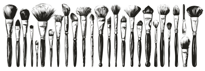 Artistic brushes set. Paintbrushes gouache oil watercolor brush tool creativity sketch drawing decorate art work equipment black and white graphic vector illustration