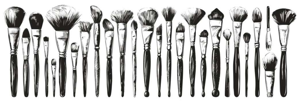 Artistic brushes set. Paintbrushes gouache oil watercolor brush tool creativity sketch drawing decorate art work equipment black and white graphic vector illustration
