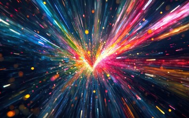 Fototapeta premium A rainbow starburst heart with dynamic streaks of color, glowing mid-air on a dark navy blue background