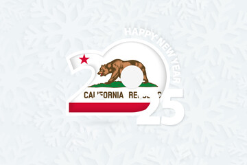 New Year 2025 for California on snowflake background.