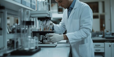 Naklejka premium A scientist wearing a lab coat is using equipment and conducting experiments in a modern laboratory setting.