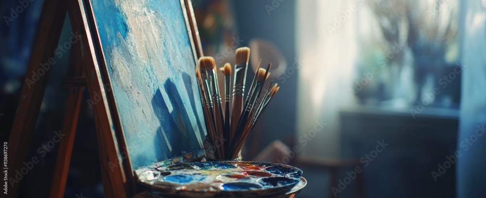 Aufkleber Paintbrushes in container next to palette and easel in studio with soft light.