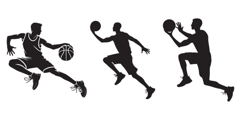Set of silhouettes of basketball players with different poses, isolated on white background, vector illustration.