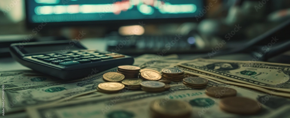 Poster money and calculator on desk with monitor background.