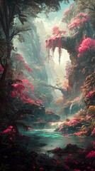 A serene landscape featuring lush greenery and vibrant pink flowers by a tranquil stream.