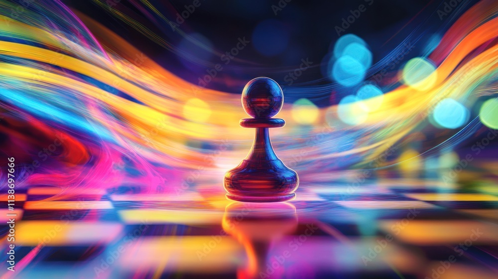 Poster pawn on chessboard with colorful blur background.