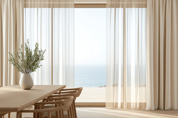 Modern minimalistic outdoor terrace with ocean view and linen curtains - interior design magazine style