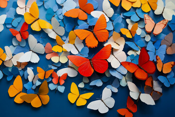 A bunch of colorful butterflies on a blue background